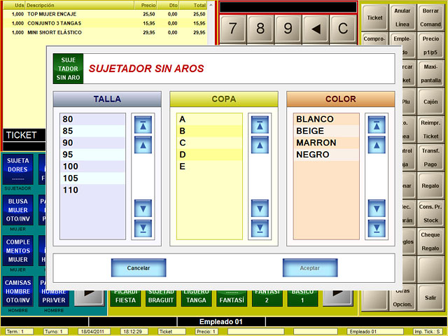 Software TPV para tiendas de moda con talla y color BDP.Net táctil